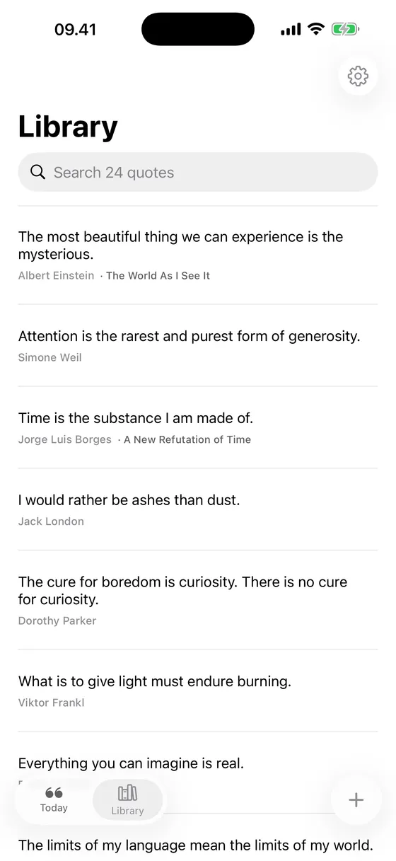 The library, listing 24 saved quotes with a search field