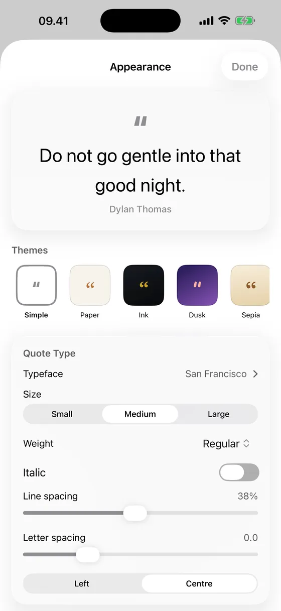 The Appearance sheet: themes, typeface, size, weight and spacing