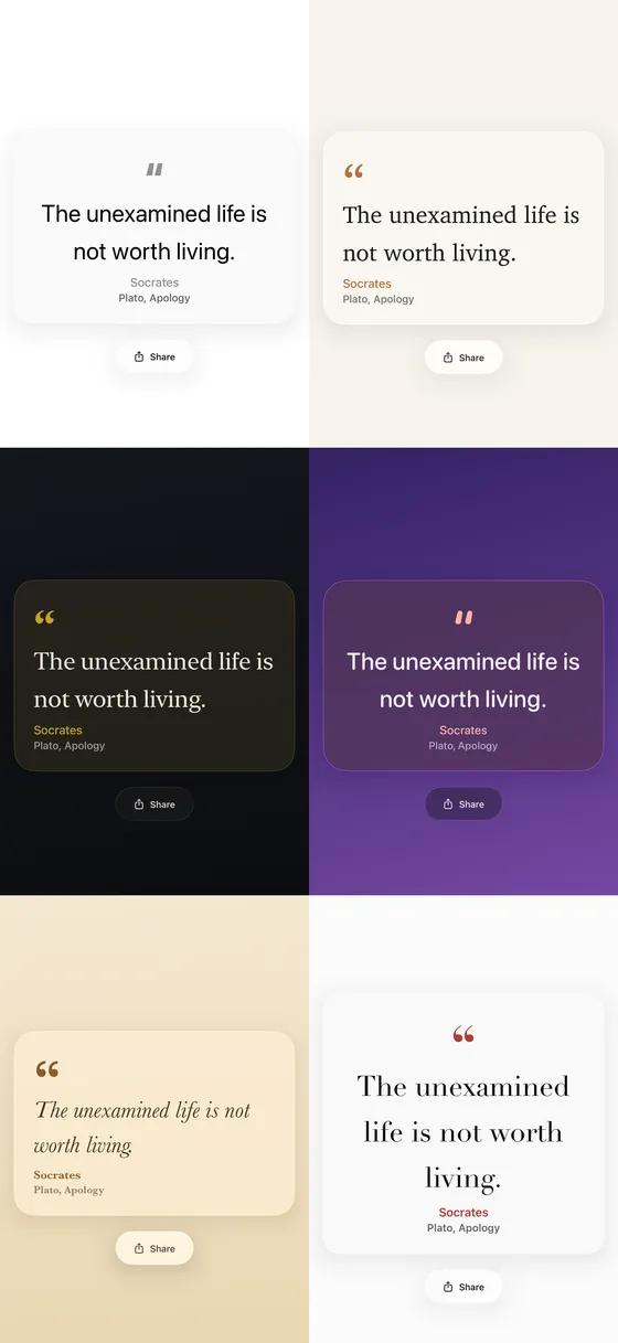 The same quote shown in six themes